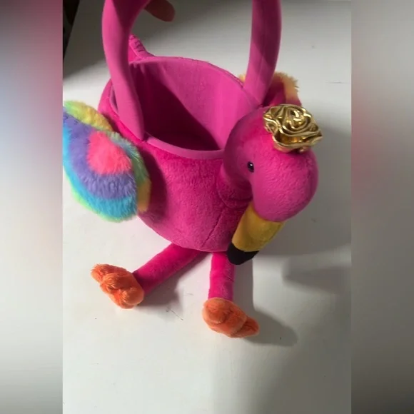 Pink Flamingo Plush Egg Basket with Rainbow Wings - Picture 2 of 8